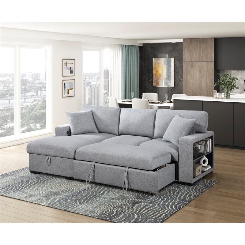 Lexicon Pompano Boucle Sectional with Left Chaise & Pull-out Bed in Gray