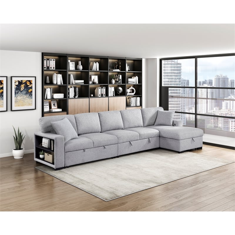 Lexicon Pompano Boucle Sectional with Right Chaise & Pull-out Bed in Gray