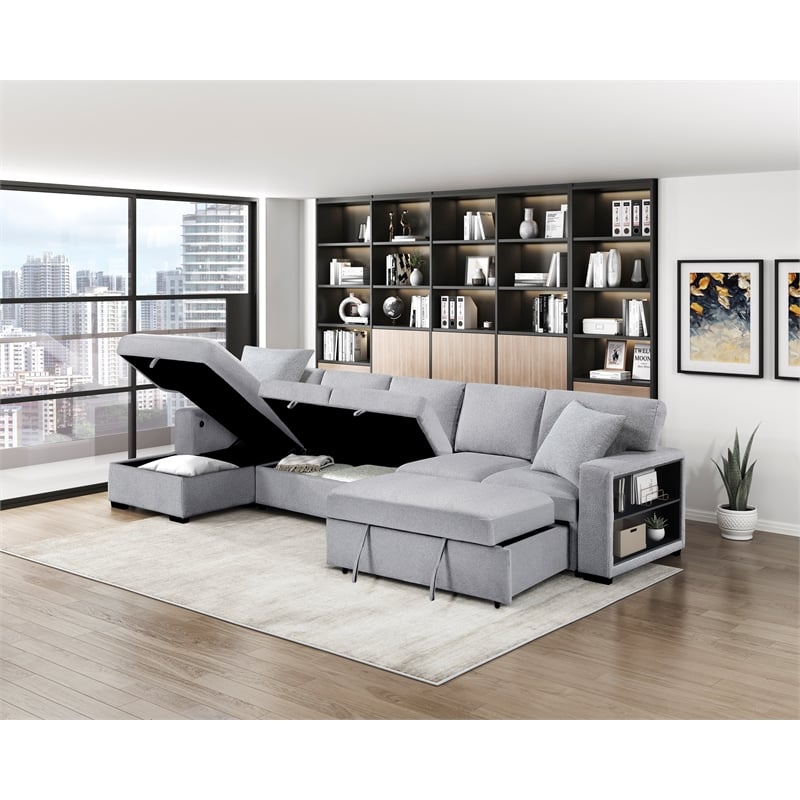 Lexicon Pompano Boucle Sectional with Left Chaise & Pull-out Bed in Gray