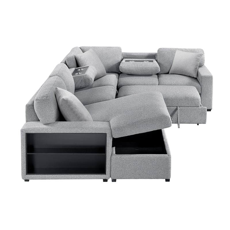 Lexicon Pompano Boucle Sectional with Left Chaise & Pull-out Bed in Gray