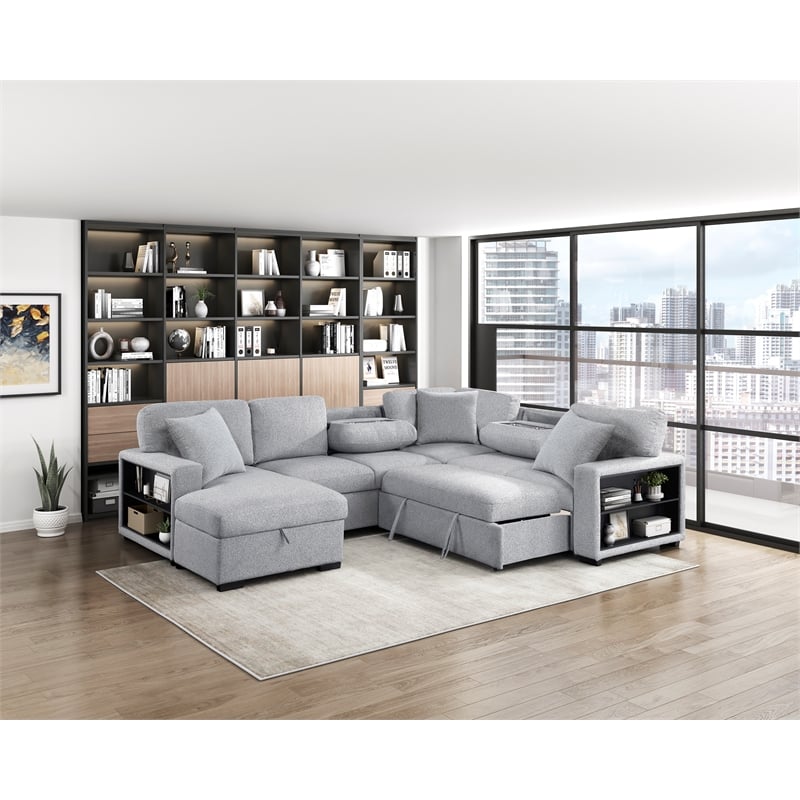Lexicon Pompano Boucle Sectional with Left Chaise & Pull-out Bed in Gray