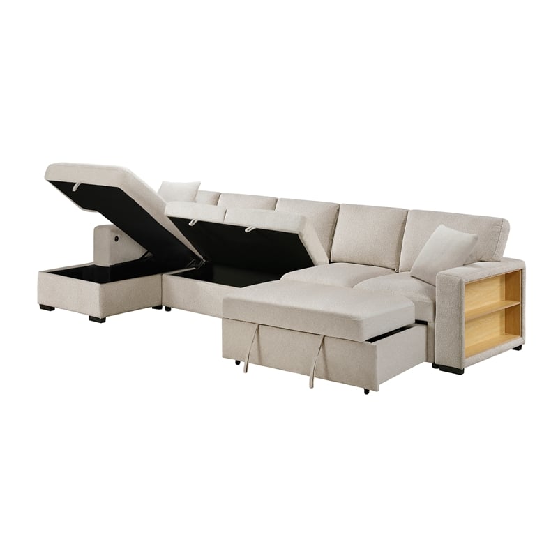 Lexicon Pompano Boucle Sectional with Left Chaise & Pull-out Bed in Beige