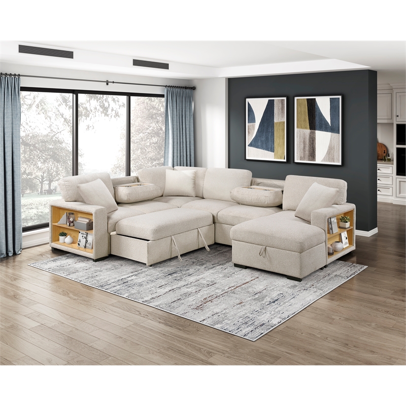 Lexicon Pompano Boucle Sectional with Right Chaise & Pull-out Bed in Beige