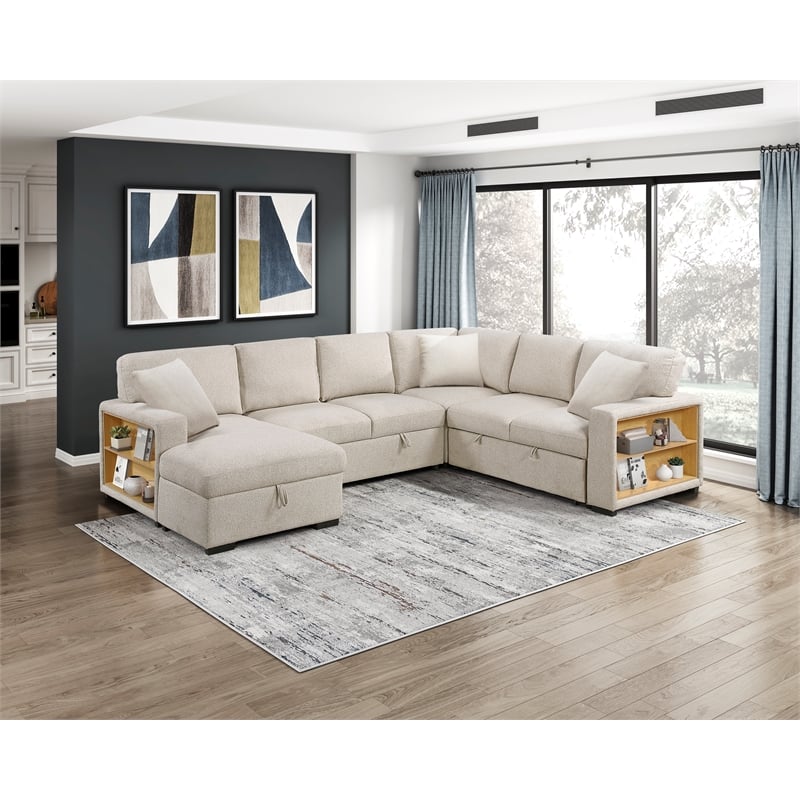 Lexicon Pompano Boucle Sectional with Left Chaise & Pull-out Bed in Beige