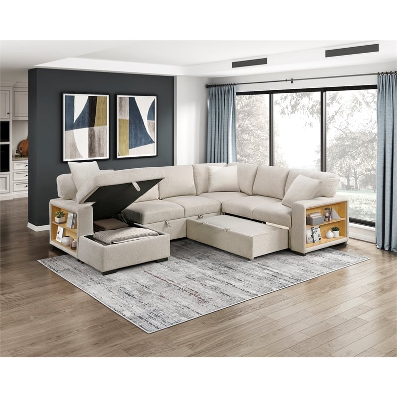 Lexicon Pompano Boucle Sectional with Left Chaise & Pull-out Bed in Beige