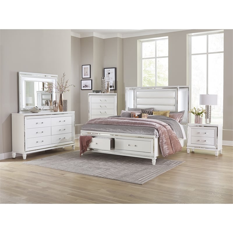 Lexicon Tamsin Asian Hardwood QN Pltfm Bed with LED lighting in White Metallic