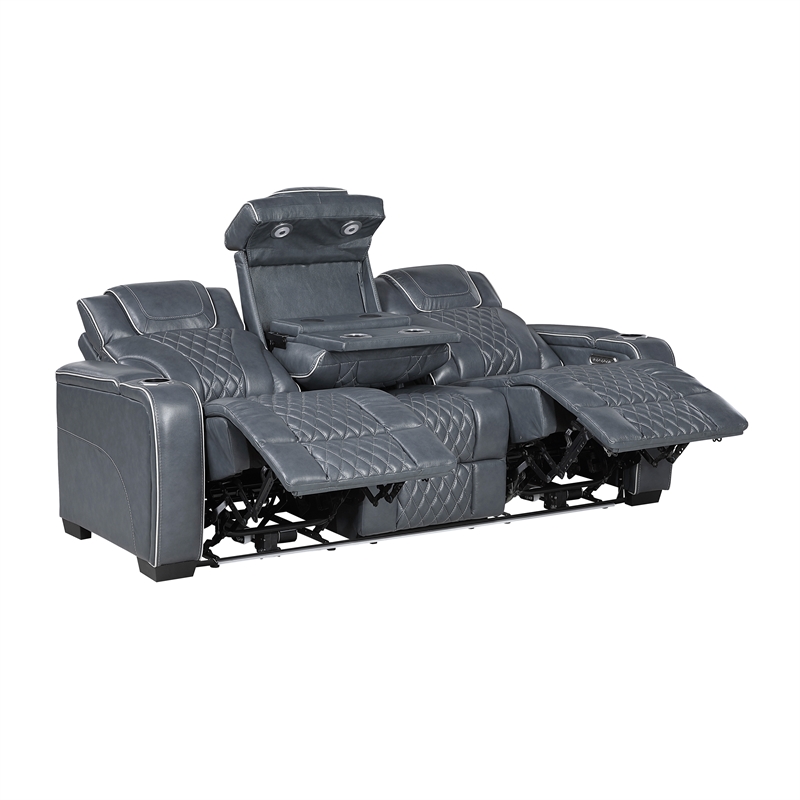 Lexicon Apex Leather Power Double Reclining Sofa with Power Headrests in Blue
