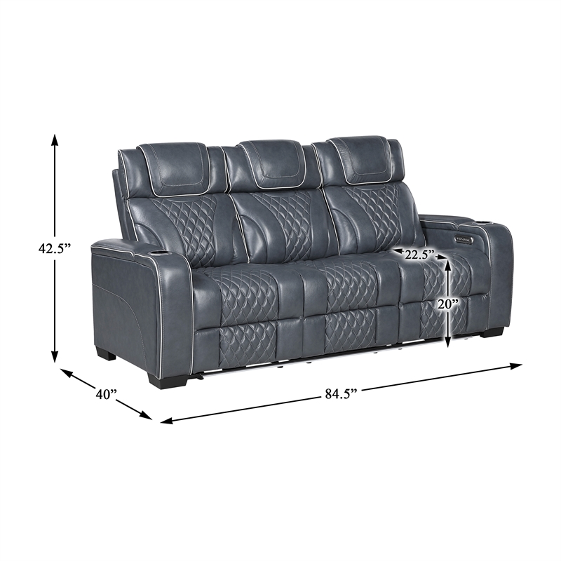 Lexicon Apex Leather Power Double Reclining Sofa with Power Headrests in Blue
