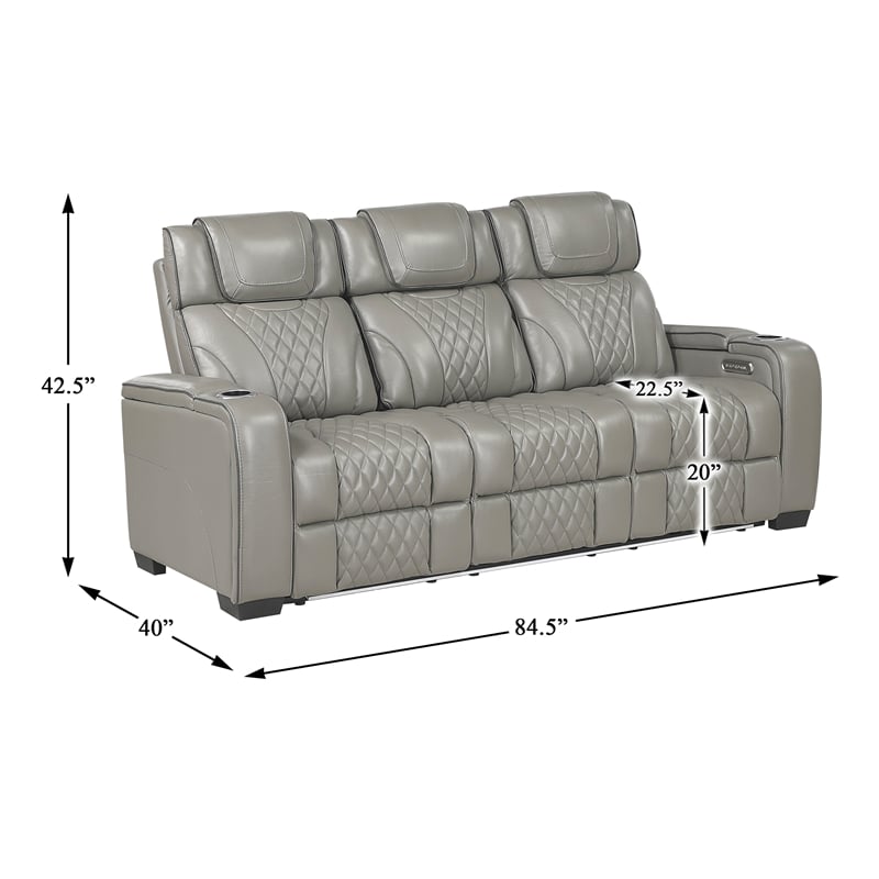 Lexicon Apex Leather Power Double Reclining Sofa with Power Headrests in Gray