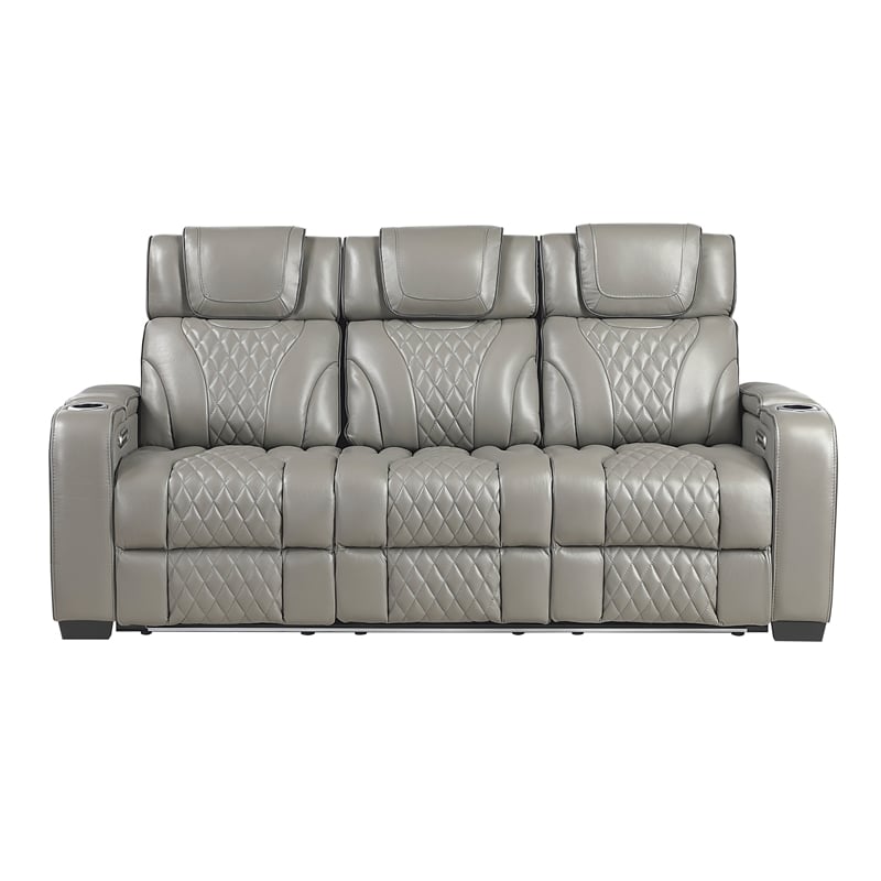 Lexicon Apex Leather Power Double Reclining Sofa with Power Headrests in Gray