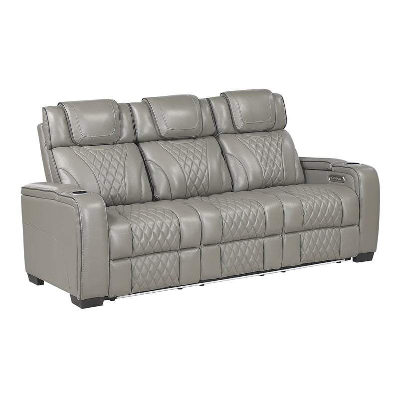 Lexicon Apex Leather Power Double Reclining Sofa with Power Headrests in Gray