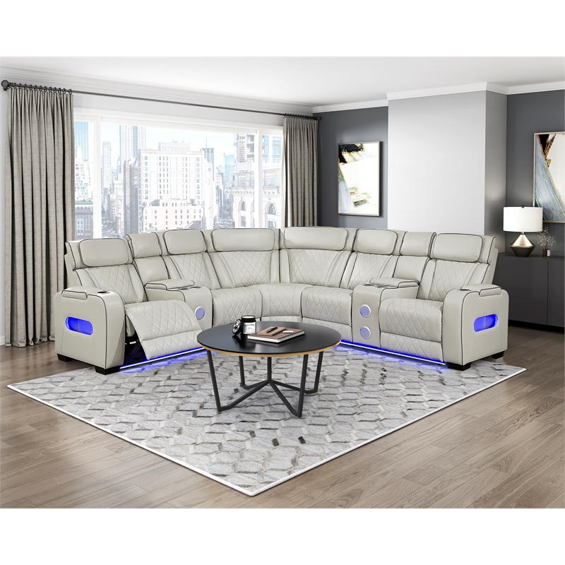 Lexicon Fairway Faux Leather 3-Piece Pwr Rclng Sectional with Consoles in Taupe