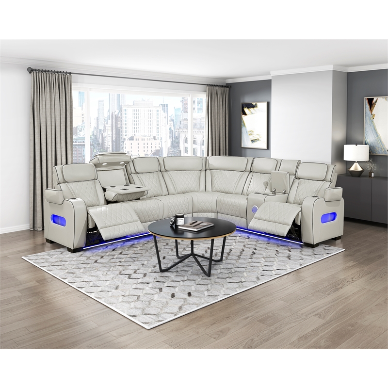 Lexicon Fairway Faux Leather 3-Piece Pwr Rclng Sectional in Taupe