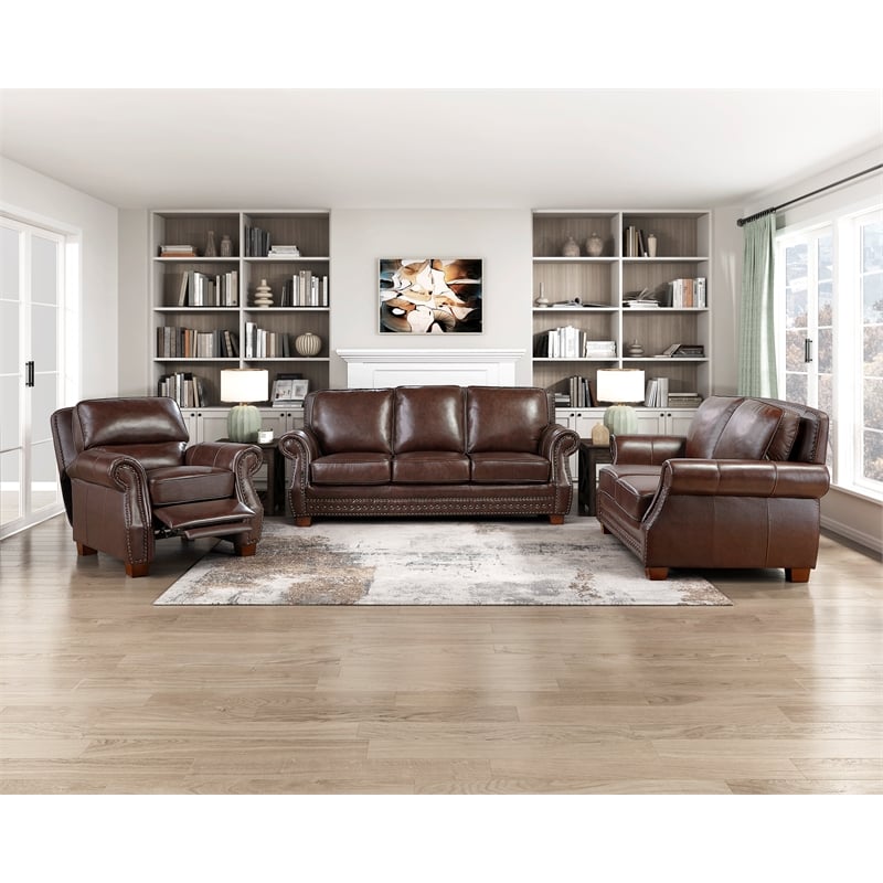 Lexicon Remington Leather Sofa with Brown Finish Solid Wood Feet in Brown