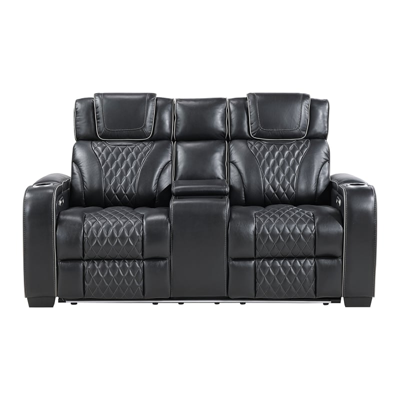 Lexicon Apex Leather Pwr Double Reclining Love Seat with Center Console in Black
