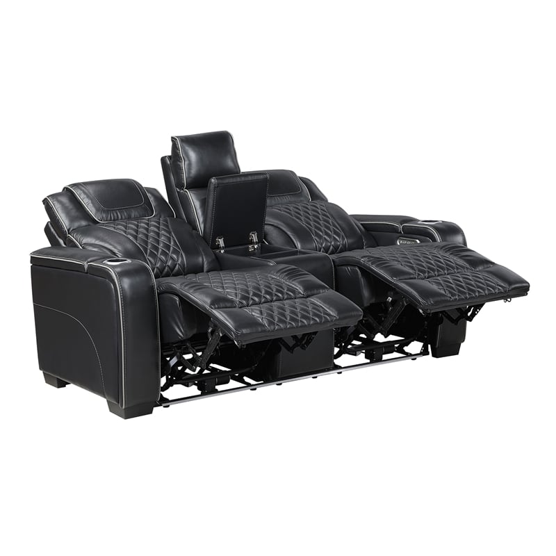 Lexicon Apex Leather Pwr Double Reclining Love Seat with Center Console in Black