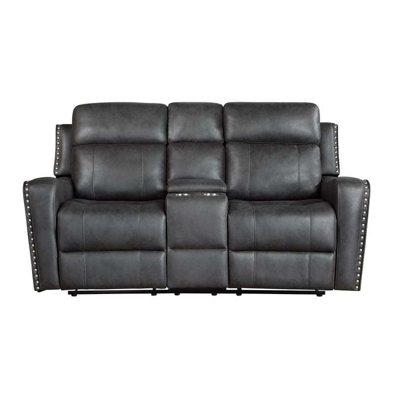 Lexicon Kellen Microfiber Dbl Rclng Love Seat with Center Console in Smoky Gray