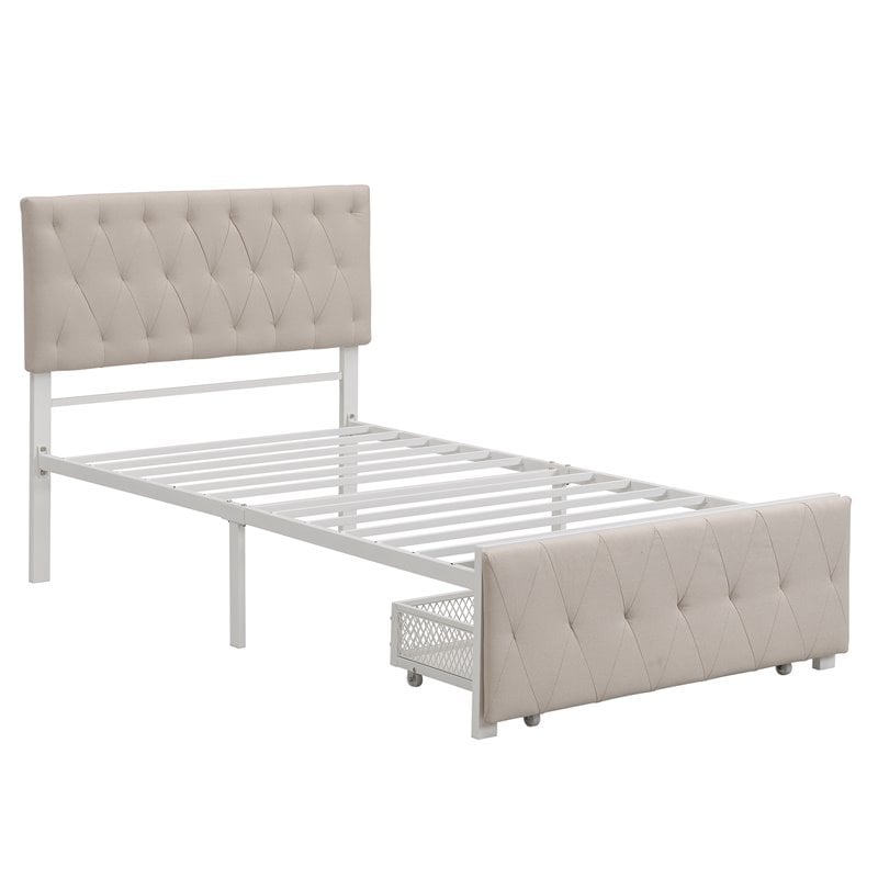 CRO Decor Twin Metal Storage Bed with Linen Upholstery in Beige
