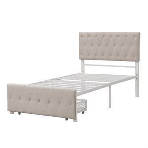 CRO Decor Twin Metal Storage Bed with Linen Upholstery in Beige