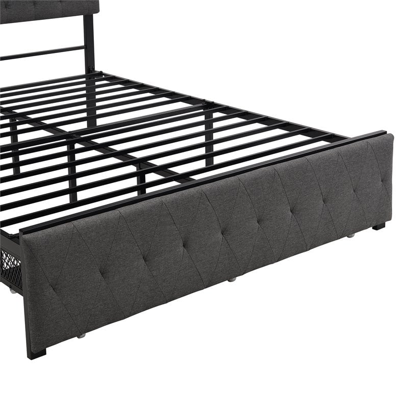 CRO Decor Queen Metal Storage Bed with Linen Upholstery in Gray