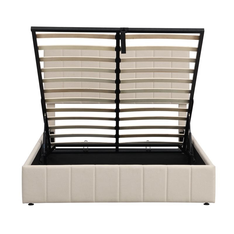 CRO Decor Full Wood Platform Bed with Fabric Upholstery in Beige