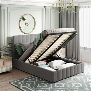 CRO Decor Full Wood Platform Bed with Fabric Upholstery in Gray