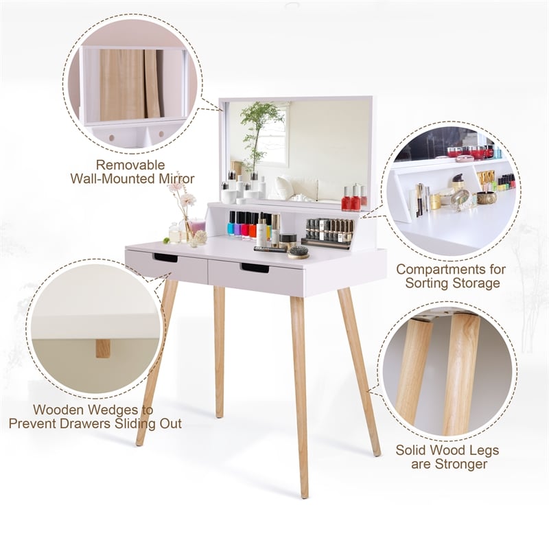CRO Decor Maximilien Solid Wood 32'' Wide Vanity Table with Mirror-White
