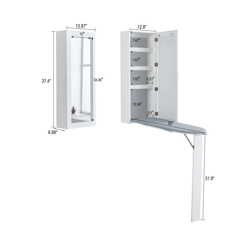 White Wall Mount Ironing Board Center Cabinet with Mirror and Storage Shelves