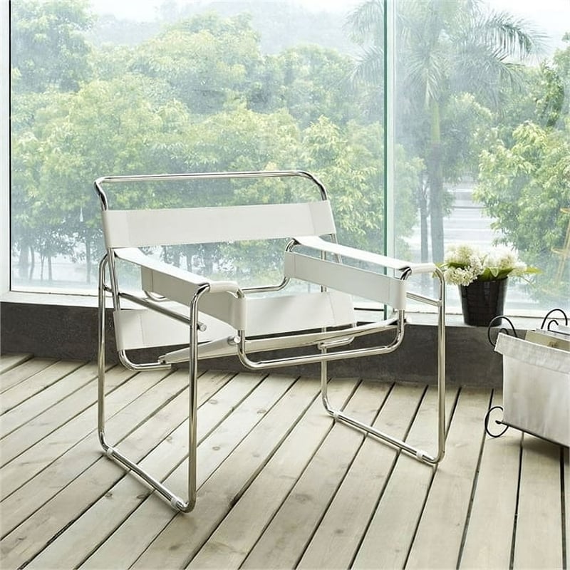 CRO Decor Leather Club Chair Steel Frame Armchair in White Set of 2
