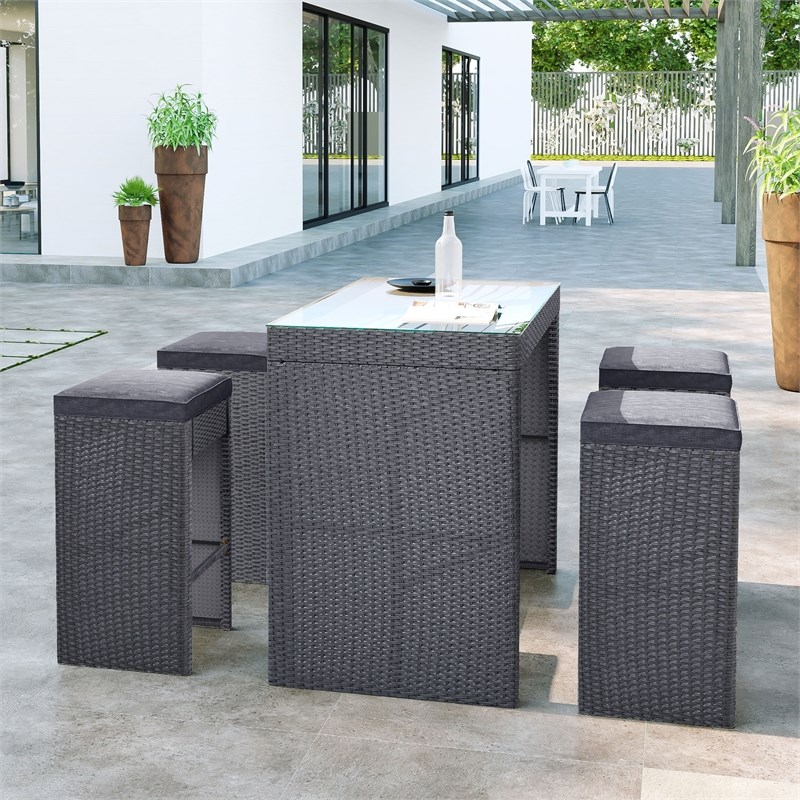 CRO Decor 5PC Rattan Outdoor Patio Furniture Set Bar Dining Table Set Cushion