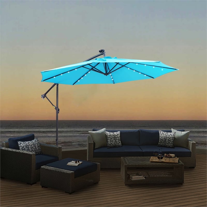 CRO Decor 10FT Solar LED Patio Outdoor Umbrella Hanging Cantilever Umbrella-Blue