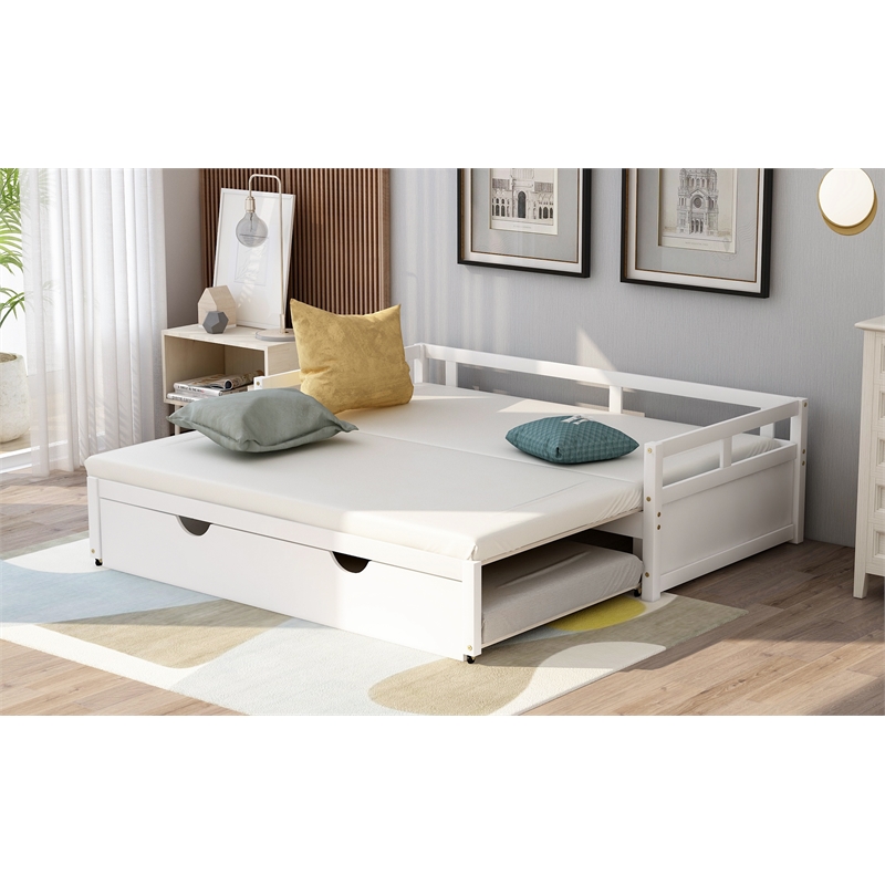 CRO Decor Extending Daybed with Trundle Wooden Daybed with Trundle (White)