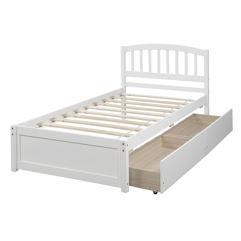 CRO Decor Twin Platform Storage Wood Bed with 2 Drawers and Headboard (White)
