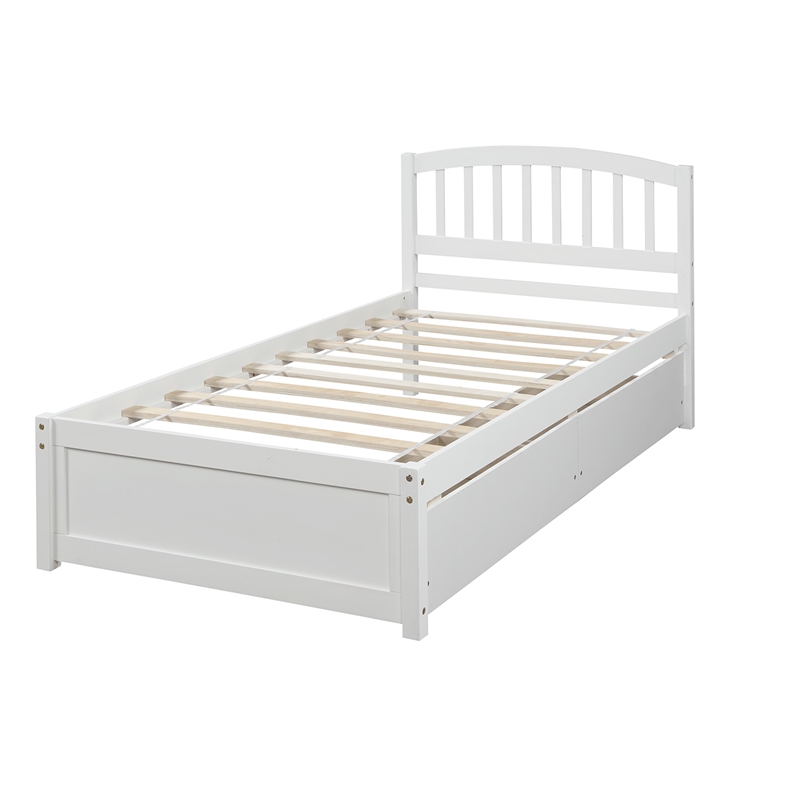 CRO Decor Twin Platform Storage Wood Bed with 2 Drawers and Headboard (White)