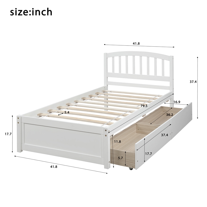 CRO Decor Twin Platform Storage Wood Bed with 2 Drawers and Headboard (White)