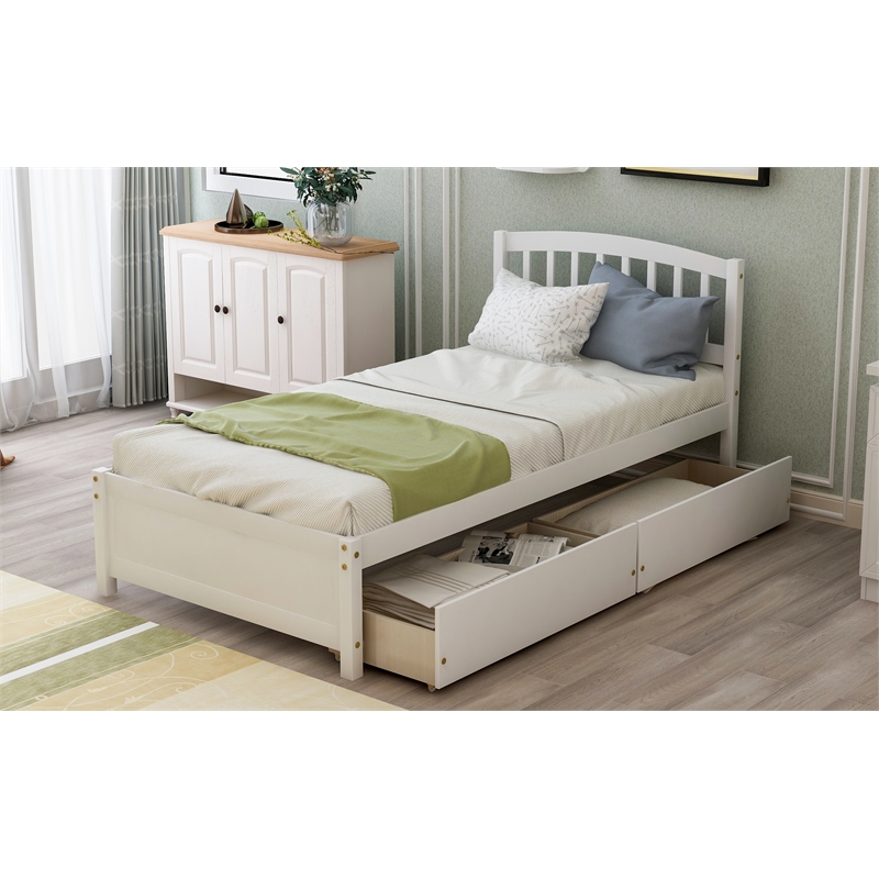 CRO Decor Twin Platform Storage Wood Bed with 2 Drawers and Headboard (White)