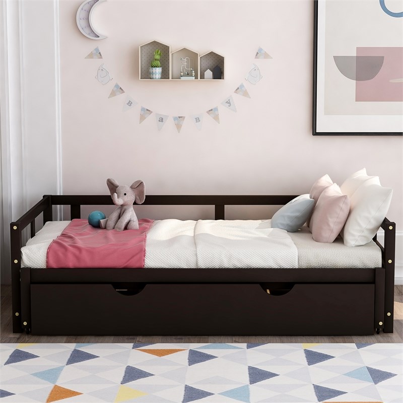 CRO Decor Extending Daybed with Trundle Wooden Daybed with Trundle (Espresso)
