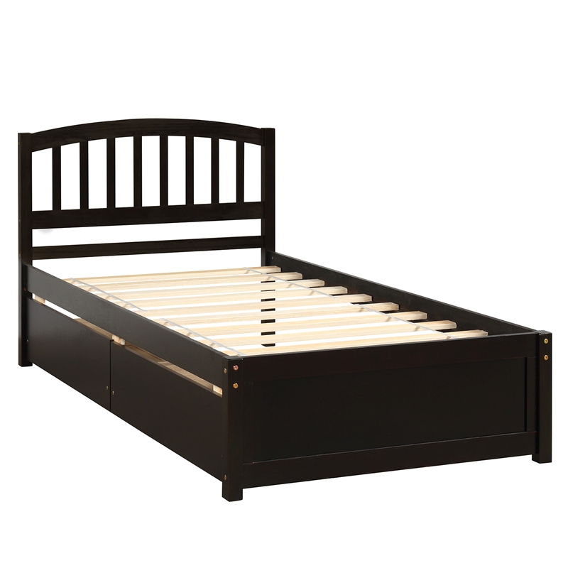 CRO Decor Twin Platform Storage Wood Bed with 2 Drawers and Headboard (Espresso)