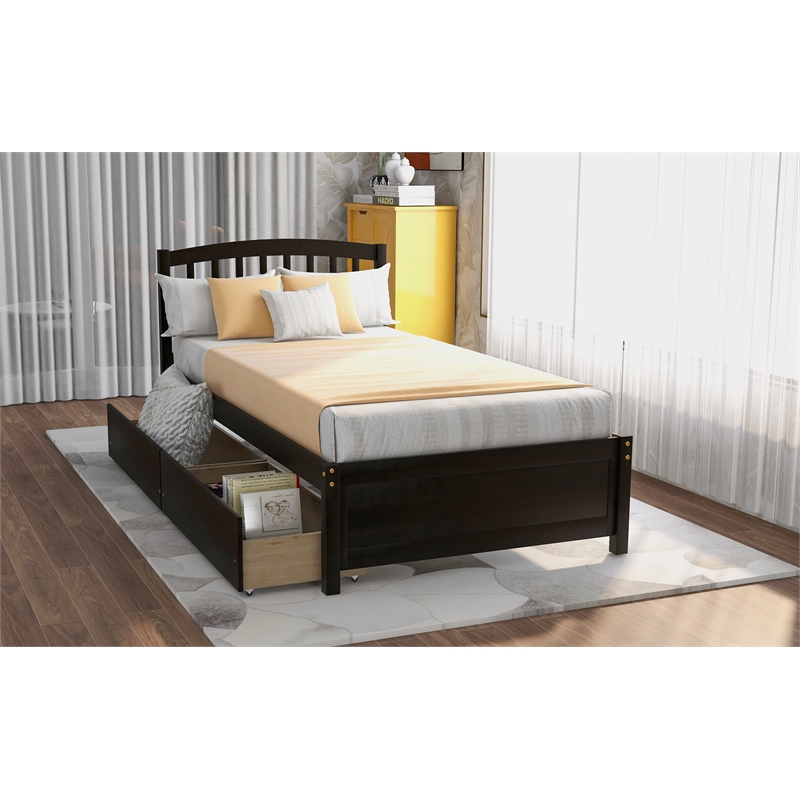 CRO Decor Twin Platform Storage Wood Bed with 2 Drawers and Headboard (Espresso)