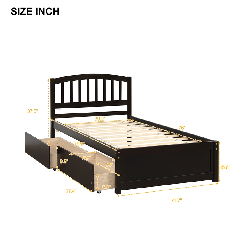 CRO Decor Twin Platform Storage Wood Bed with 2 Drawers and Headboard (Espresso)