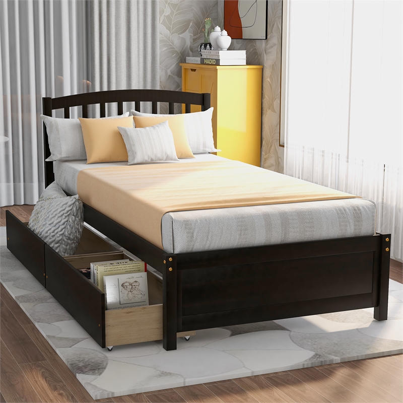 CRO Decor Twin Platform Storage Wood Bed with 2 Drawers and Headboard (Espresso)