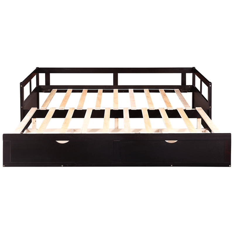 CRO Decor Wooden Daybed with Trundle and 2 Storage Drawers Extendable (Espresso)