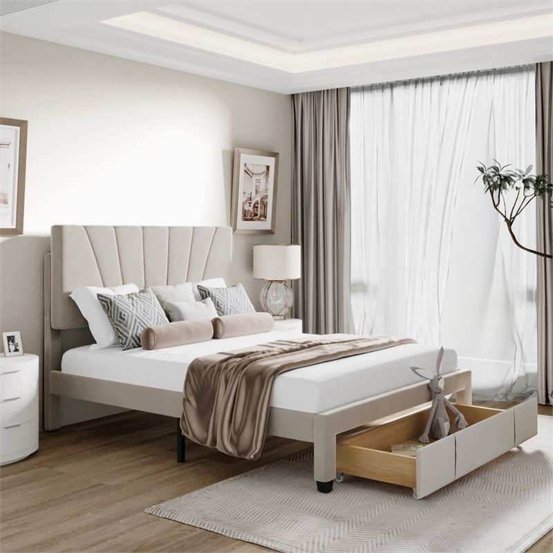 CRO Decor Queen Size Storage Velvet Platform Bed with a Big Drawer - Beige