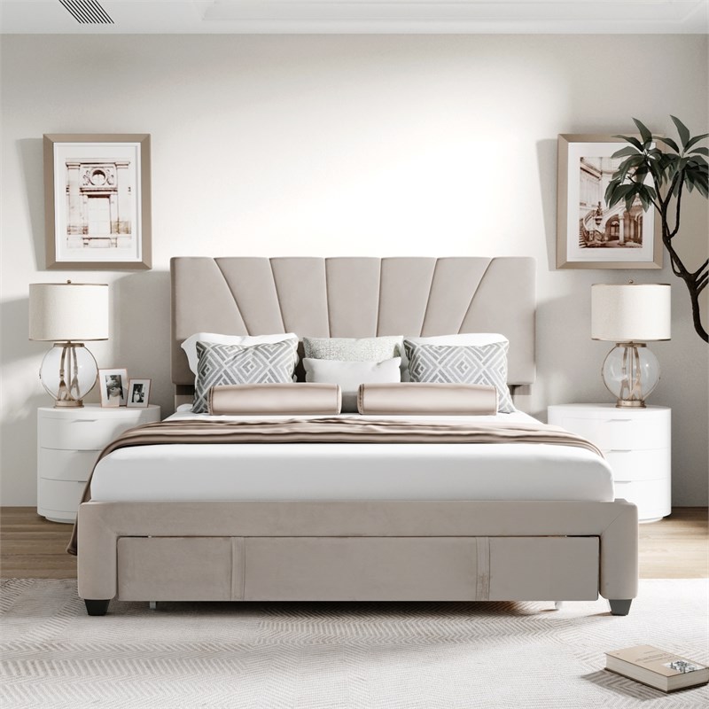 CRO Decor Queen Size Storage Velvet Platform Bed with a Big Drawer - Beige