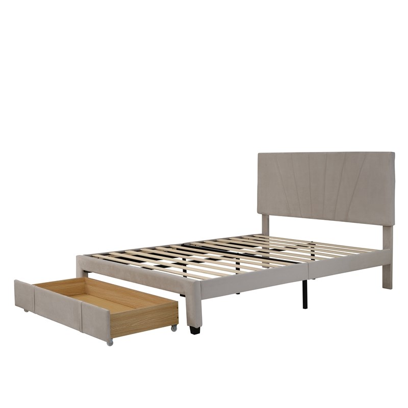CRO Decor Queen Size Storage Velvet Platform Bed with a Big Drawer - Beige
