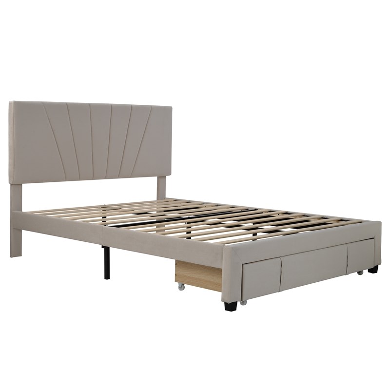 CRO Decor Queen Size Storage Velvet Platform Bed with a Big Drawer - Beige