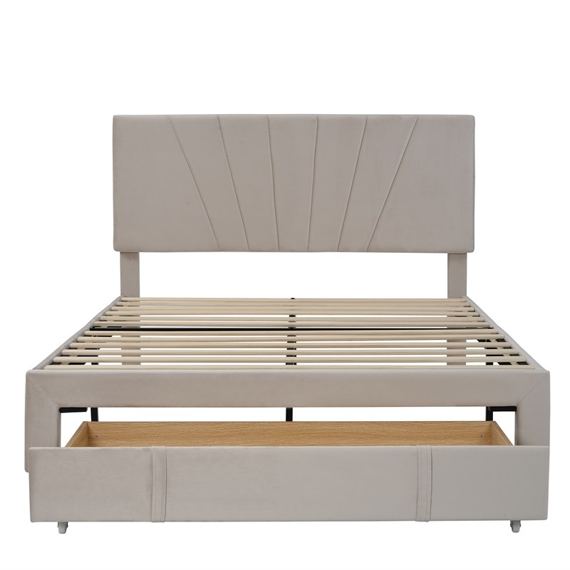 CRO Decor Queen Size Storage Velvet Platform Bed with a Big Drawer - Beige