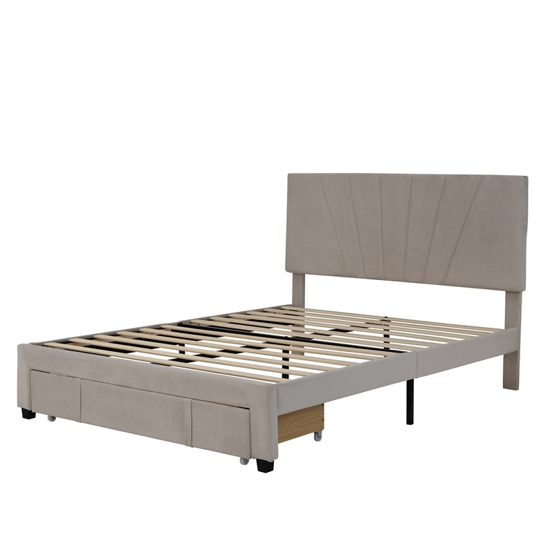 CRO Decor Queen Size Storage Velvet Platform Bed with a Big Drawer - Beige