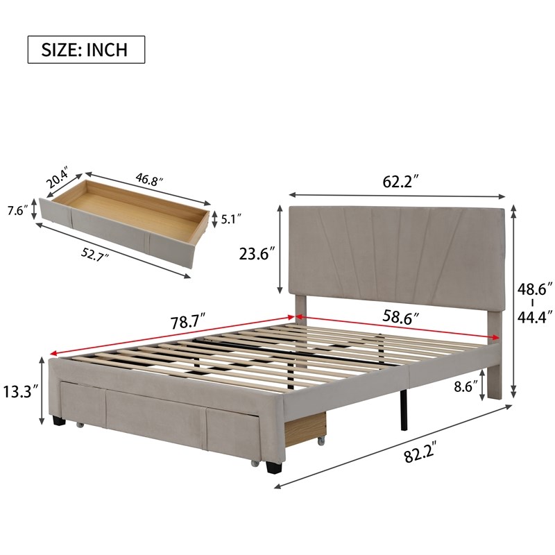 CRO Decor Queen Size Storage Velvet Platform Bed with a Big Drawer - Beige