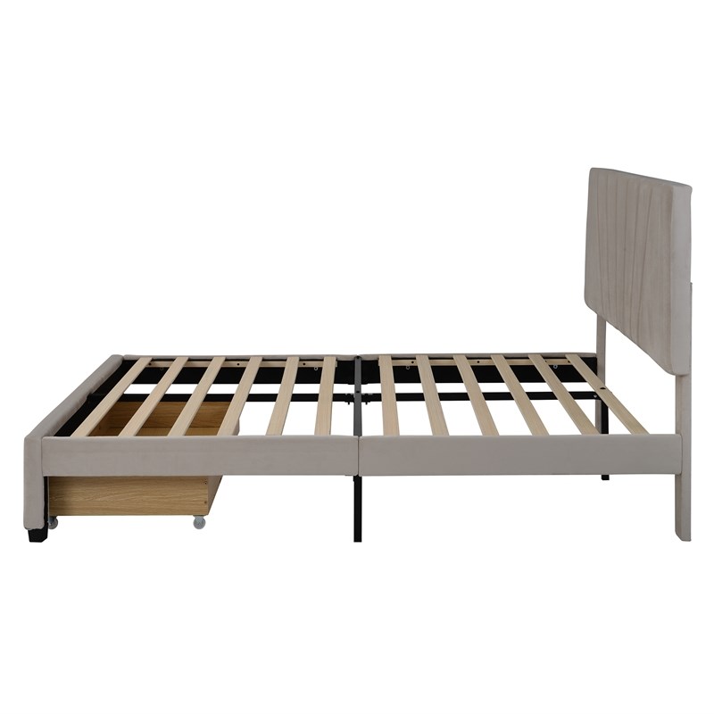 CRO Decor Queen Size Storage Velvet Platform Bed with a Big Drawer - Beige